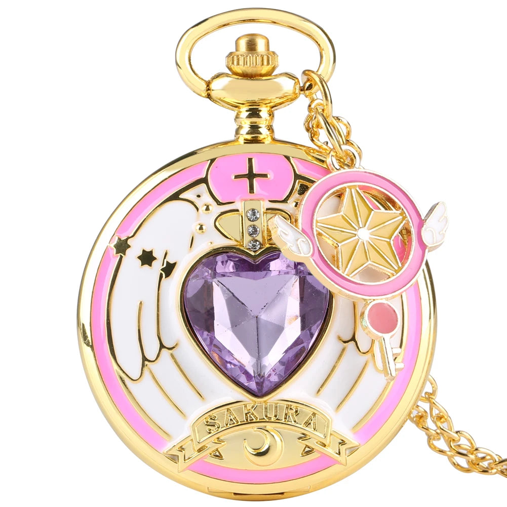 Relógio de Bolso Luxo Dourado em Formato de Coração – Relógio Quartz com Pingente de Cristal e Corrente Estilo Steampunk para Mulheres
