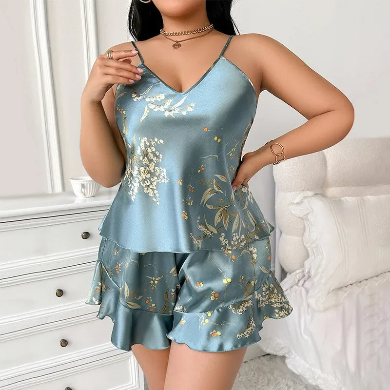 Pijama Feminino Plus Size de Cetim – Conjunto com Regata de Alças e Shorts Estampa de Cerejas, Confortável para Dormir e Relaxar
