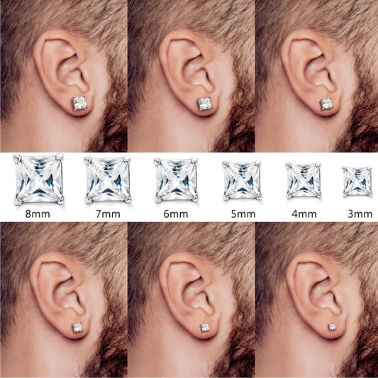 1-2 Pares de Brincos de Pino em Aço Inoxidável 316L Hipoalergênico com Zircônia CZ – Modelo Quadrado e Redondo Unissex (3-8 mm)