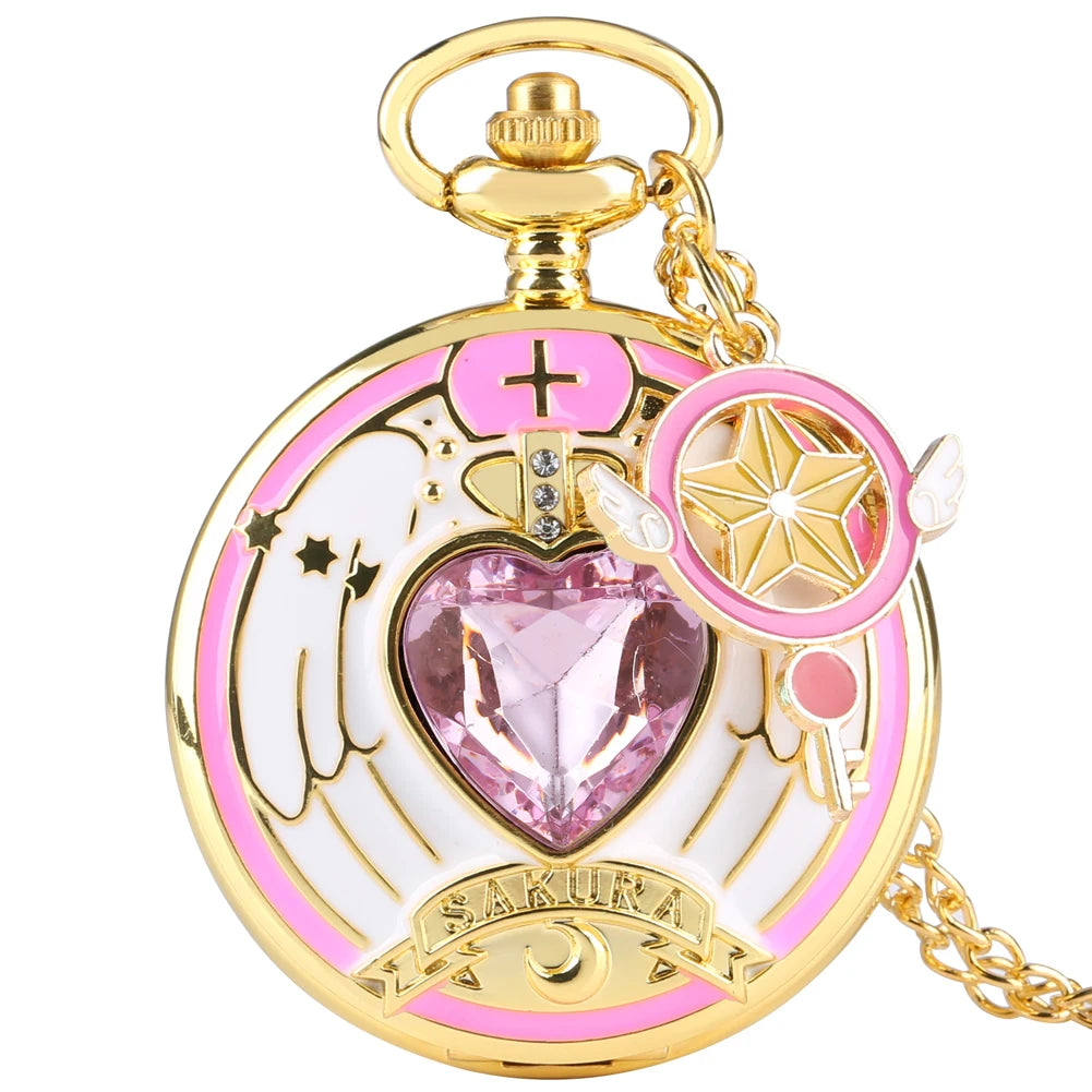 Relógio de Bolso Luxo Dourado em Formato de Coração – Relógio Quartz com Pingente de Cristal e Corrente Estilo Steampunk para Mulheres