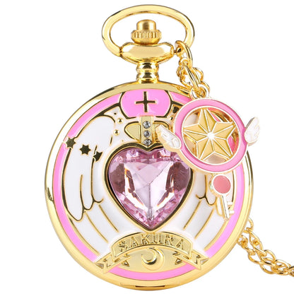 Relógio de Bolso Luxo Dourado em Formato de Coração – Relógio Quartz com Pingente de Cristal e Corrente Estilo Steampunk para Mulheres