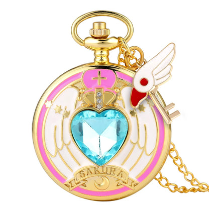 Relógio de Bolso Luxo Dourado em Formato de Coração – Relógio Quartz com Pingente de Cristal e Corrente Estilo Steampunk para Mulheres