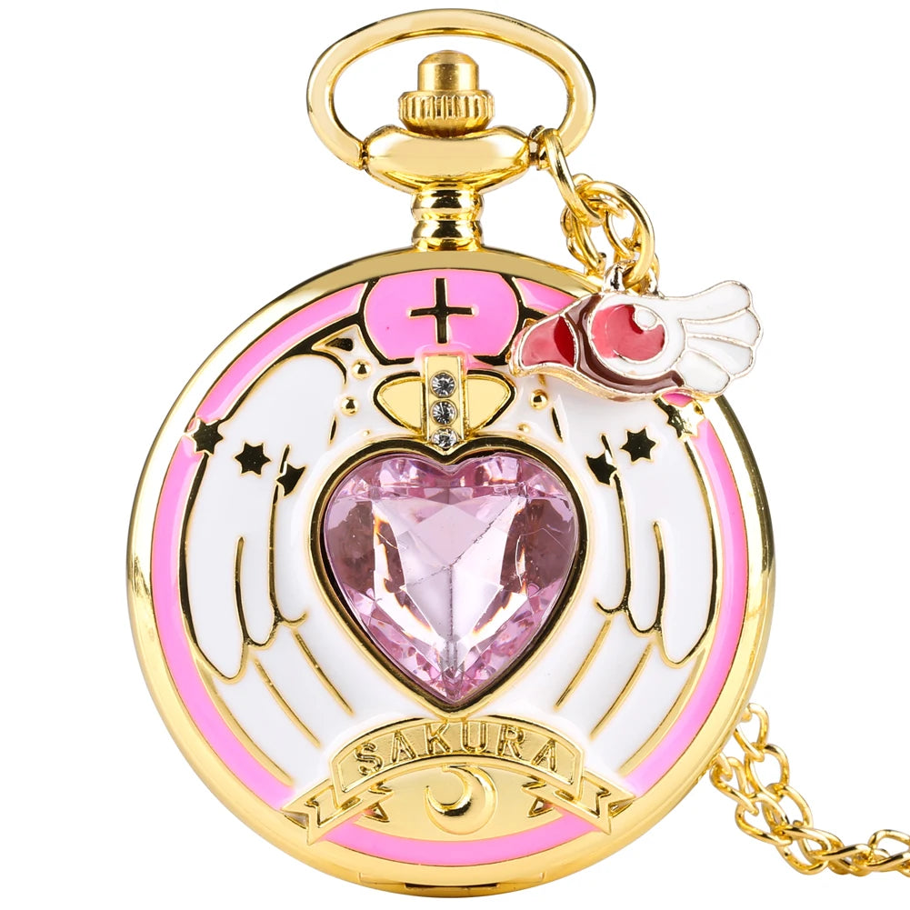 Relógio de Bolso Luxo Dourado em Formato de Coração – Relógio Quartz com Pingente de Cristal e Corrente Estilo Steampunk para Mulheres