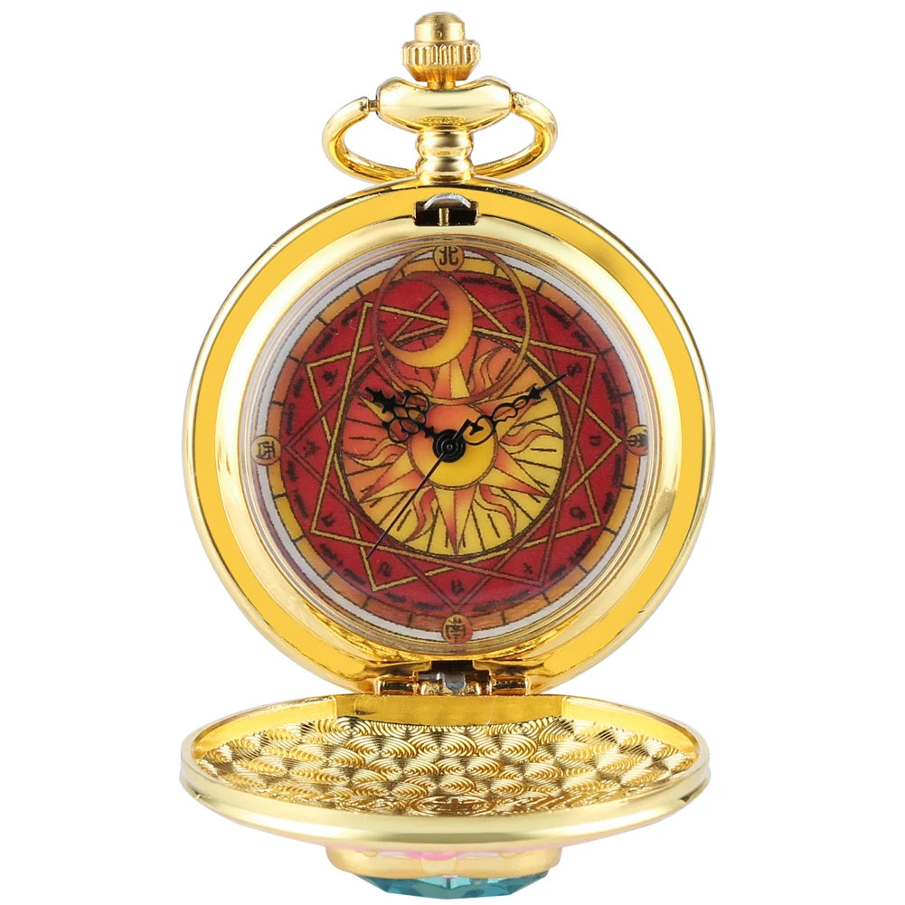 Relógio de Bolso Luxo Dourado em Formato de Coração – Relógio Quartz com Pingente de Cristal e Corrente Estilo Steampunk para Mulheres