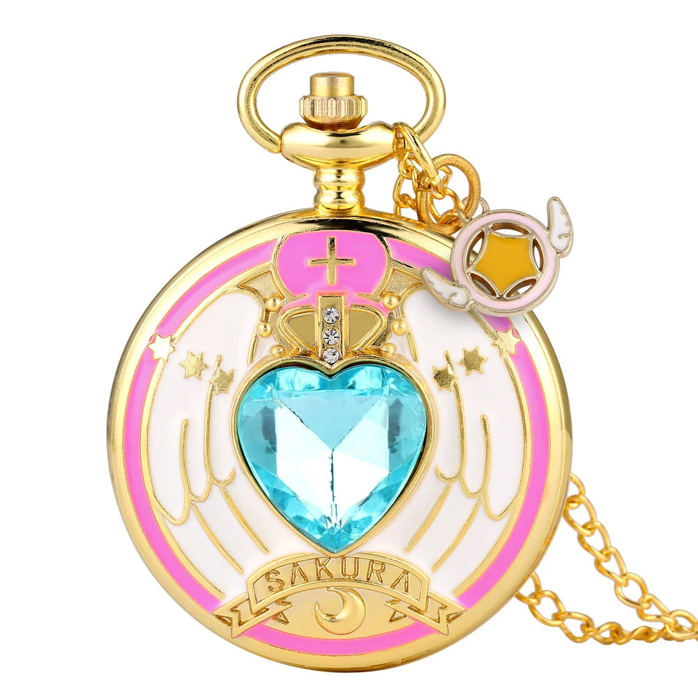 Relógio de Bolso Luxo Dourado em Formato de Coração – Relógio Quartz com Pingente de Cristal e Corrente Estilo Steampunk para Mulheres