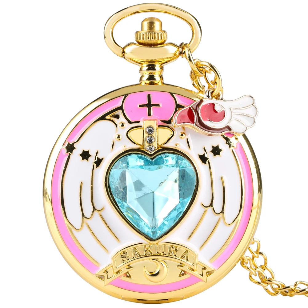 Relógio de Bolso Luxo Dourado em Formato de Coração – Relógio Quartz com Pingente de Cristal e Corrente Estilo Steampunk para Mulheres