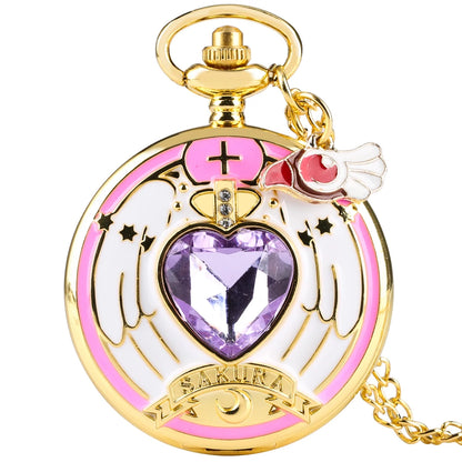 Relógio de Bolso Luxo Dourado em Formato de Coração – Relógio Quartz com Pingente de Cristal e Corrente Estilo Steampunk para Mulheres