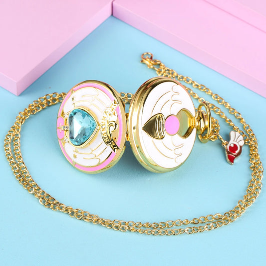 Relógio de Bolso Luxo Dourado em Formato de Coração – Relógio Quartz com Pingente de Cristal e Corrente Estilo Steampunk para Mulheres