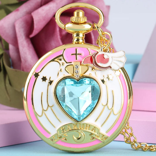 Relógio de Bolso Luxo Dourado em Formato de Coração – Relógio Quartz com Pingente de Cristal e Corrente Estilo Steampunk para Mulheres