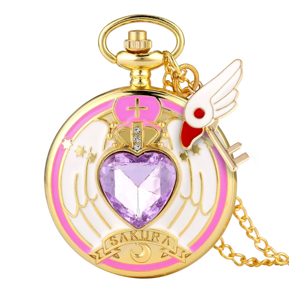 Relógio de Bolso Luxo Dourado em Formato de Coração – Relógio Quartz com Pingente de Cristal e Corrente Estilo Steampunk para Mulheres