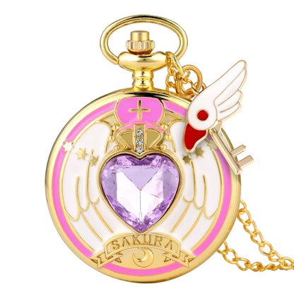 Relógio de Bolso Luxo Dourado em Formato de Coração – Relógio Quartz com Pingente de Cristal e Corrente Estilo Steampunk para Mulheres