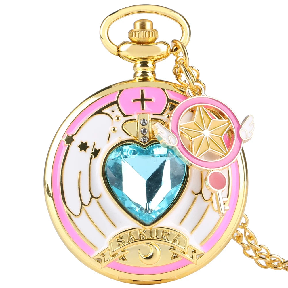 Relógio de Bolso Luxo Dourado em Formato de Coração – Relógio Quartz com Pingente de Cristal e Corrente Estilo Steampunk para Mulheres