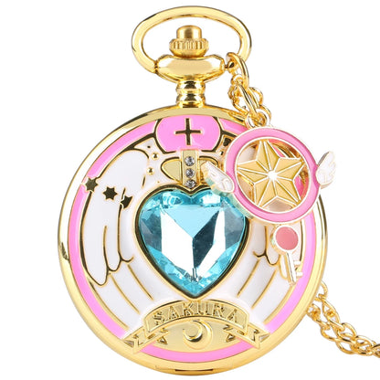 Relógio de Bolso Luxo Dourado em Formato de Coração – Relógio Quartz com Pingente de Cristal e Corrente Estilo Steampunk para Mulheres