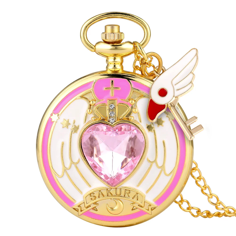 Relógio de Bolso Luxo Dourado em Formato de Coração – Relógio Quartz com Pingente de Cristal e Corrente Estilo Steampunk para Mulheres