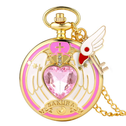 Relógio de Bolso Luxo Dourado em Formato de Coração – Relógio Quartz com Pingente de Cristal e Corrente Estilo Steampunk para Mulheres