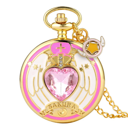 Relógio de Bolso Luxo Dourado em Formato de Coração – Relógio Quartz com Pingente de Cristal e Corrente Estilo Steampunk para Mulheres
