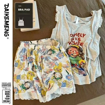 Pijama Feminino de Verão com Bojo – Conjunto de Regata e Shorts com Estampa de Cartoon, Confortável e Charmoso para Dormir e Relaxar