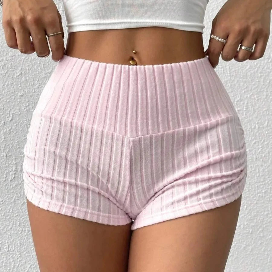 Short Feminino Canelado de Cintura Alta – Modelo Slim com Tecido Elástico para Dormir, Academia, Yoga, Fitness e Uso Casual