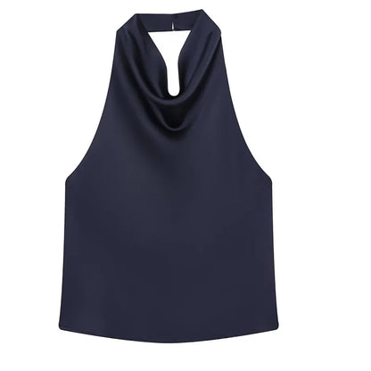 Top Feminino HXAO Y2K – Cropped de Cetim com Decote Halter, Ombros à Mostra e Costas Abertas para Festas e Looks de Verão