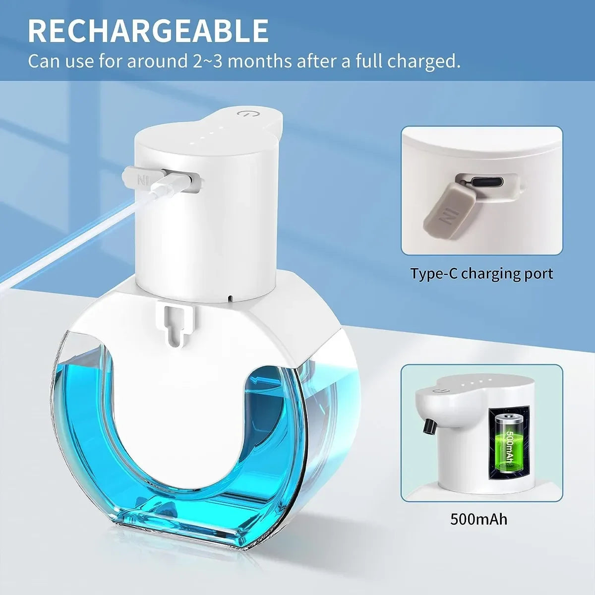 Dispenser Automático Inteligente de Sabonete com Sensor – 420ml, Recarregável via USB e com Luz de Display