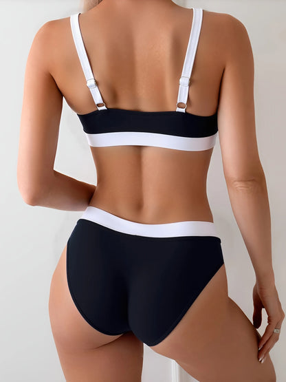 2026 New Black White Color Block Bikini Set Women High Waisted Sporty Two Piece Swimsuit Square Neck Tank Top Bathing Suit Beach
