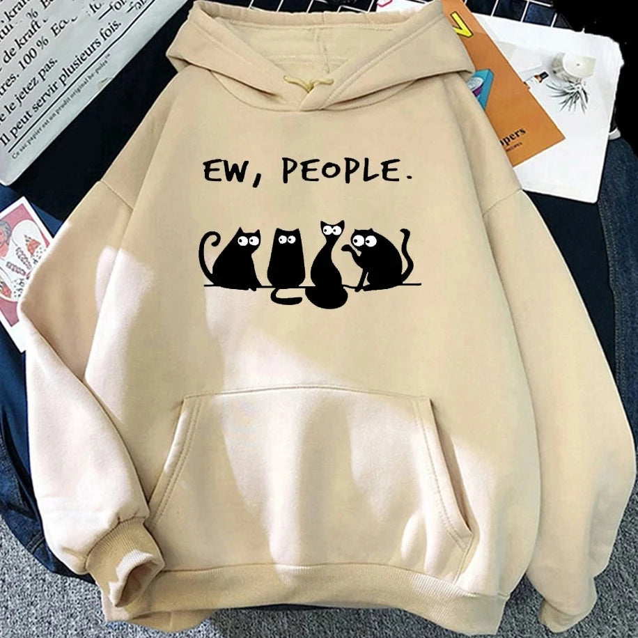 Moletom Feminino Retrô Americano 2025 – Blusa com Capuz, Estampa de Gato Preto e Frase Divertida, Estilo Harajuku Casual