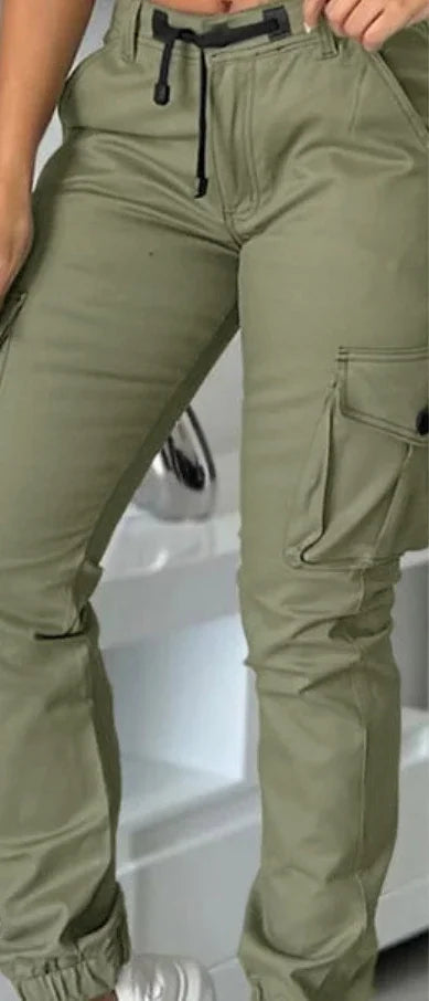 Calça Feminina Cargo Y2K – Modelo de Cintura Alta com Múltiplos Bolsos, Barra Dobrada e Corte Slim Fashion