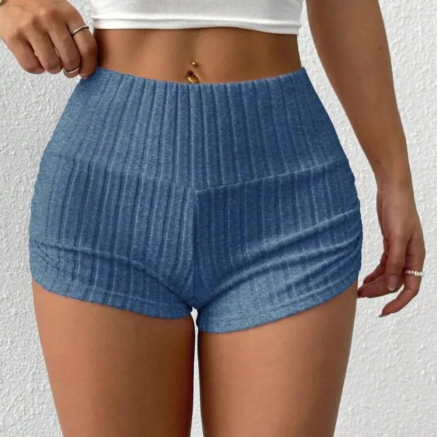 Short Feminino Canelado de Cintura Alta – Modelo Slim com Tecido Elástico para Dormir, Academia, Yoga, Fitness e Uso Casual