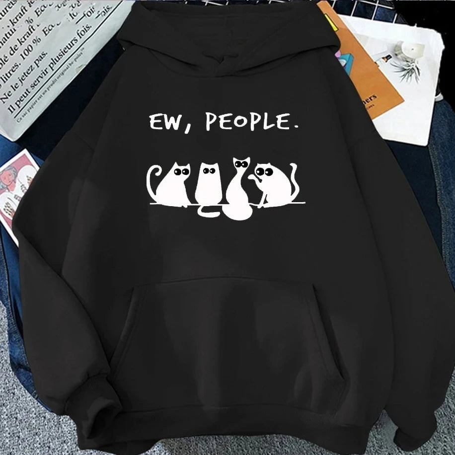 Moletom Feminino Retrô Americano 2025 – Blusa com Capuz, Estampa de Gato Preto e Frase Divertida, Estilo Harajuku Casual