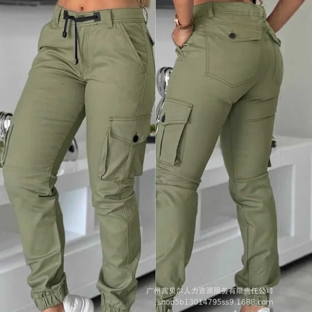 Calça Feminina Cargo Y2K – Modelo de Cintura Alta com Múltiplos Bolsos, Barra Dobrada e Corte Slim Fashion