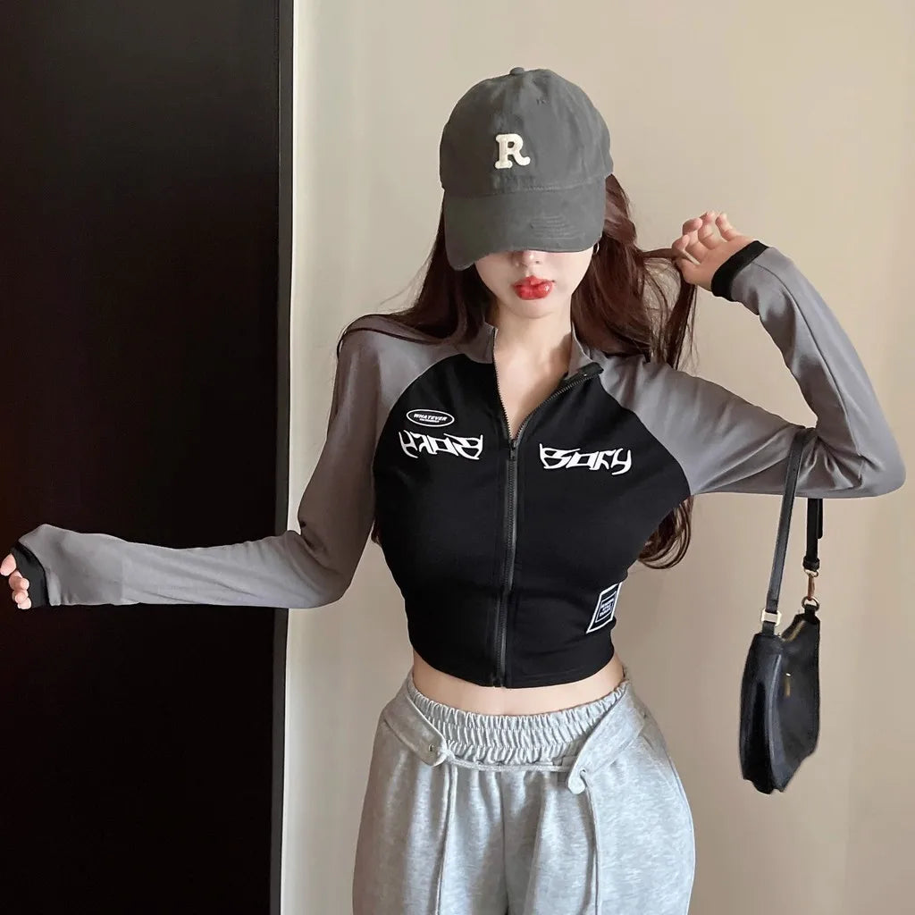 Cropped Feminino Coreano Retrô – Blusa de Manga Longa com Gola Alta, Zíper Curto e Modelagem Justa Estilo Motoqueiro