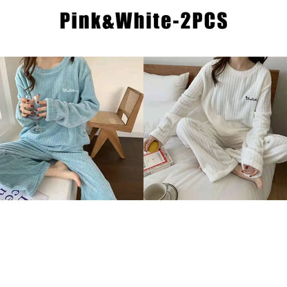 Pijama Feminino de Flanela Plush – Conjunto Térmico em Fleece Coral, Super Quentinho e Confortável para o Inverno