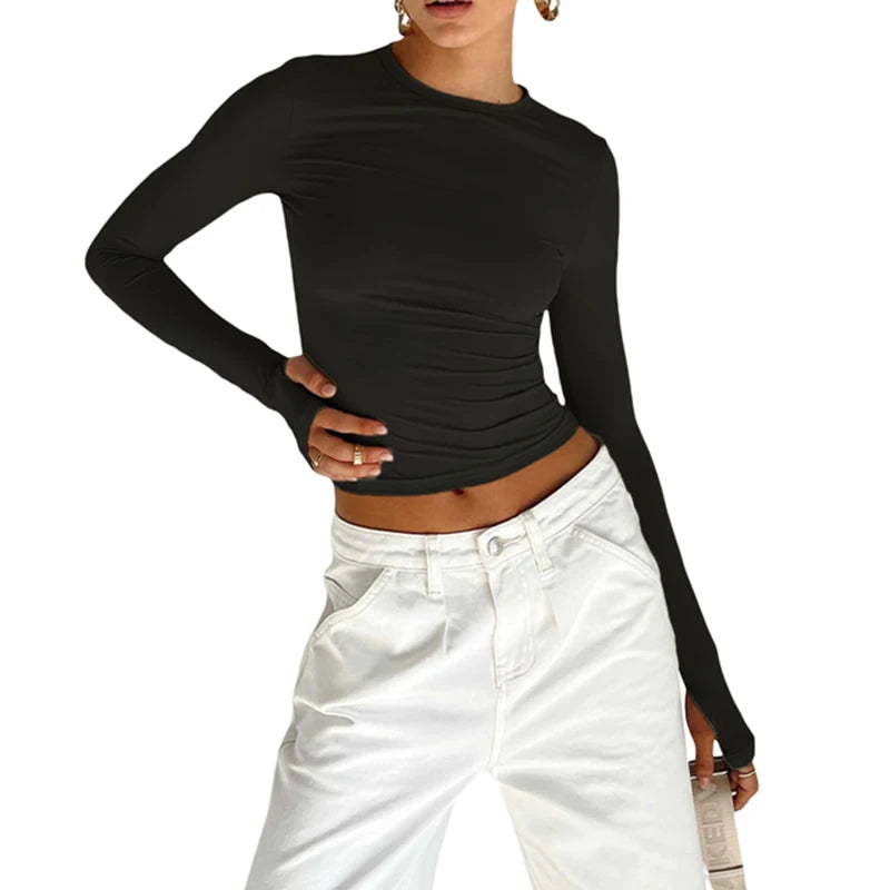 Camiseta Feminina Cropped Slim Fit – Blusa de Manga Longa com Gola Redonda, Abertura para Polegar e Estilo Streetwear Casual para o Dia a Dia