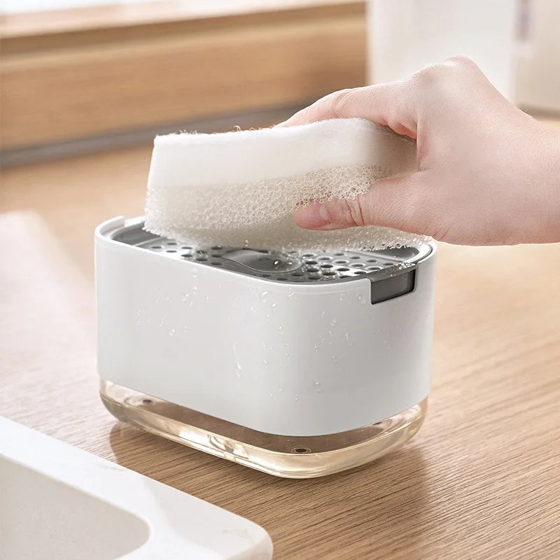 Dispenser de Sabonete com Pressão e Suporte para Esponja – Recipiente Automático para Detergente Líquido e Espuma de Cozinha e Banheiro