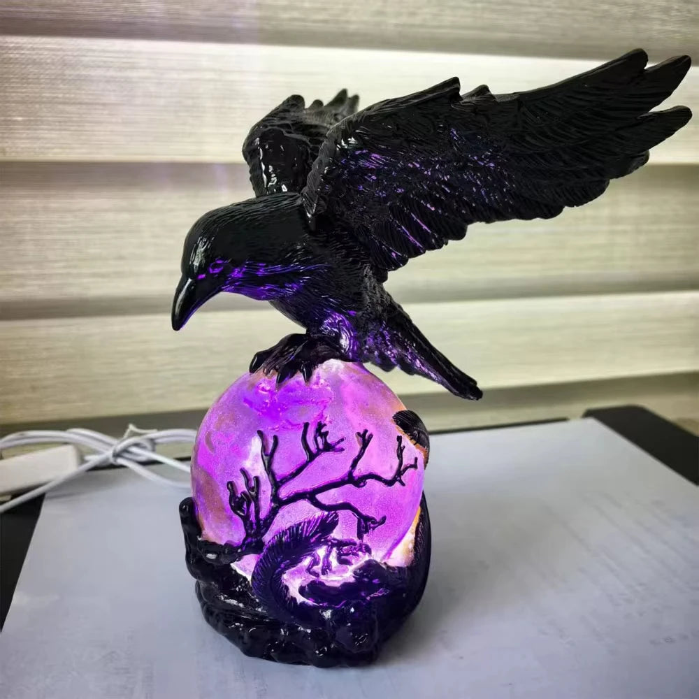 Creative Gothic Raven LED Lamp Sculpture Purple Glow Sphere Mysterious Decor for Dark Art Unique Desk Night Light Ornament