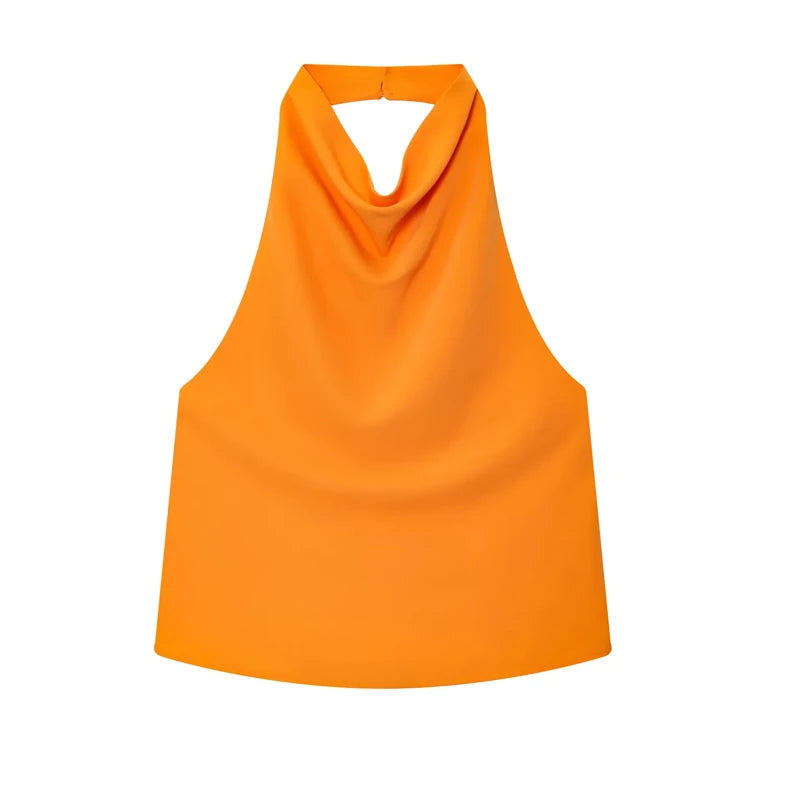 Top Feminino HXAO Y2K – Cropped de Cetim com Decote Halter, Ombros à Mostra e Costas Abertas para Festas e Looks de Verão