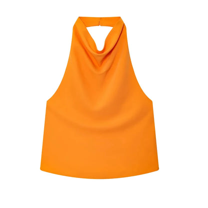 Top Feminino HXAO Y2K – Cropped de Cetim com Decote Halter, Ombros à Mostra e Costas Abertas para Festas e Looks de Verão