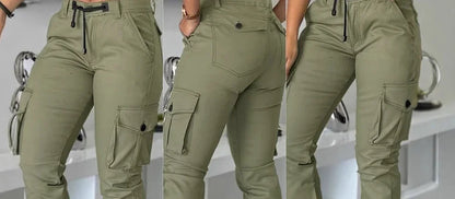 Calça Feminina Cargo Y2K – Modelo de Cintura Alta com Múltiplos Bolsos, Barra Dobrada e Corte Slim Fashion