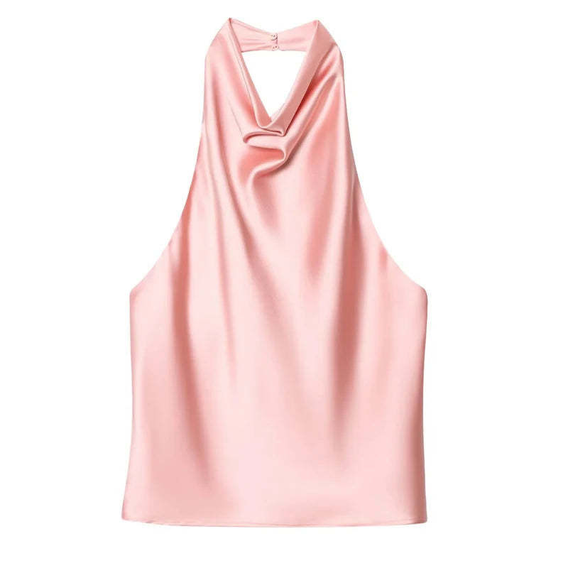 Top Feminino HXAO Y2K – Cropped de Cetim com Decote Halter, Ombros à Mostra e Costas Abertas para Festas e Looks de Verão