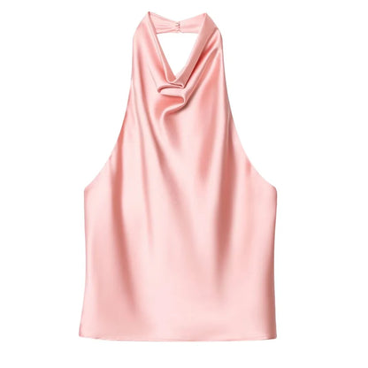 Top Feminino HXAO Y2K – Cropped de Cetim com Decote Halter, Ombros à Mostra e Costas Abertas para Festas e Looks de Verão