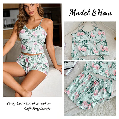 Pijama Feminino Sexy de Cetim – Conjunto com Camiseta de Manga Curta e Shorts, Tecido Gelado e Confortável para Uso em Casa