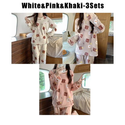 Pijama Feminino de Inverno com Estampa de Ursinho – Conjunto de Flanela Coral Quente e Aconchegante para Casa