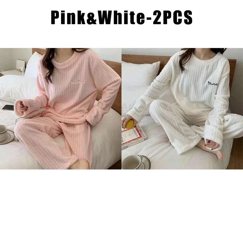 Pijama Feminino de Flanela Plush – Conjunto Térmico em Fleece Coral, Super Quentinho e Confortável para o Inverno