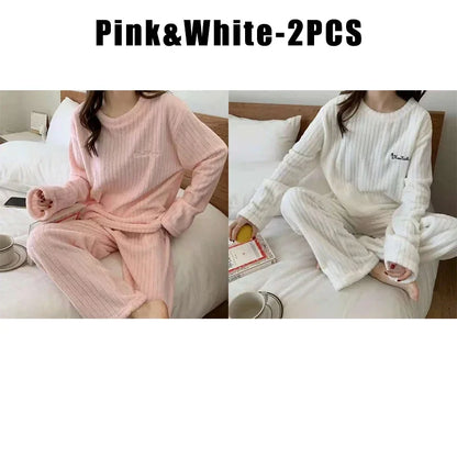 Pijama Feminino de Flanela Plush – Conjunto Térmico em Fleece Coral, Super Quentinho e Confortável para o Inverno