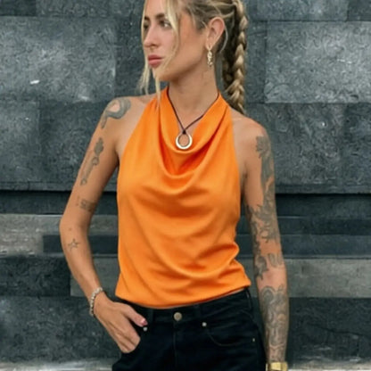 Top Feminino HXAO Y2K – Cropped de Cetim com Decote Halter, Ombros à Mostra e Costas Abertas para Festas e Looks de Verão