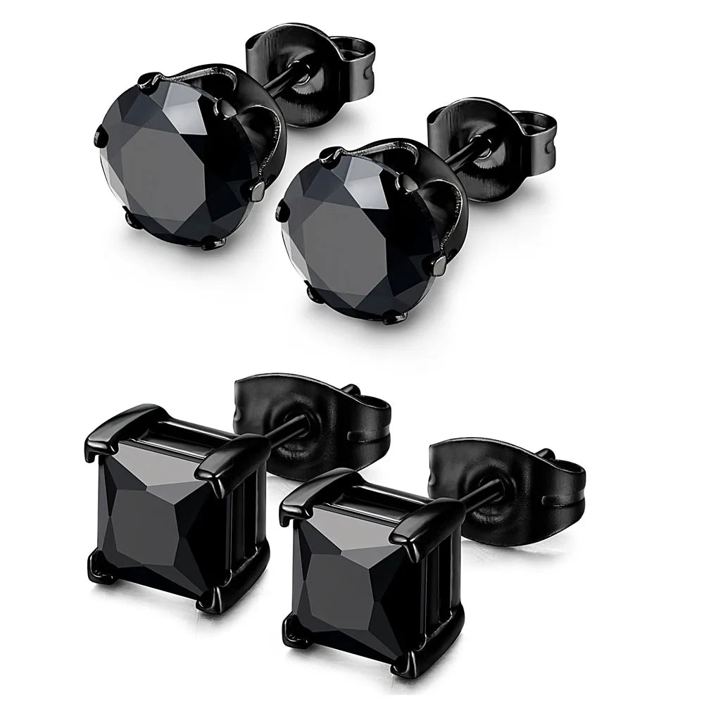 1-2 Pares de Brincos de Pino em Aço Inoxidável 316L Hipoalergênico com Zircônia CZ – Modelo Quadrado e Redondo Unissex (3-8 mm)