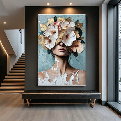 Quadro Decorativo Nórdico Luxuoso com Retrato Feminino e Flores em Dourado