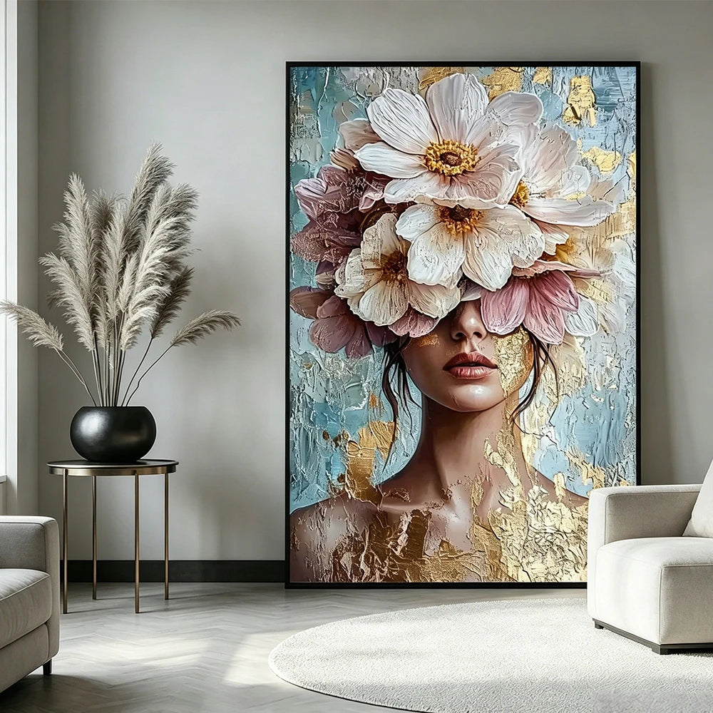Quadro Decorativo Nórdico Luxuoso com Retrato Feminino e Flores em Dourado