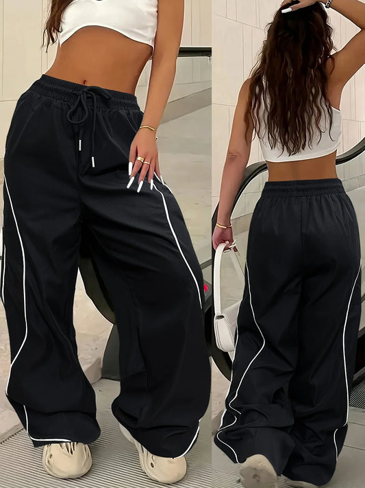 Calça Feminina Y2K Casual – Modelo Cargo Parachute com Listras Contrastantes, Cintura Elástica Ajustável e Perna Larga Estilo Streetwear