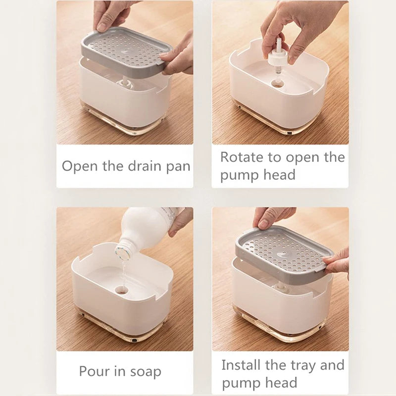 Dispenser de Sabonete com Pressão e Suporte para Esponja – Recipiente Automático para Detergente Líquido e Espuma de Cozinha e Banheiro